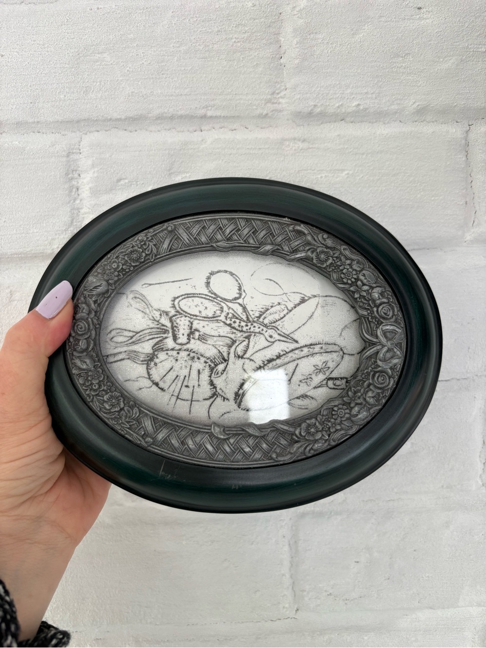 Wooden Jewelry Box Trinket Accessory Pewter Metal Picture Frame Hinged Lid Green